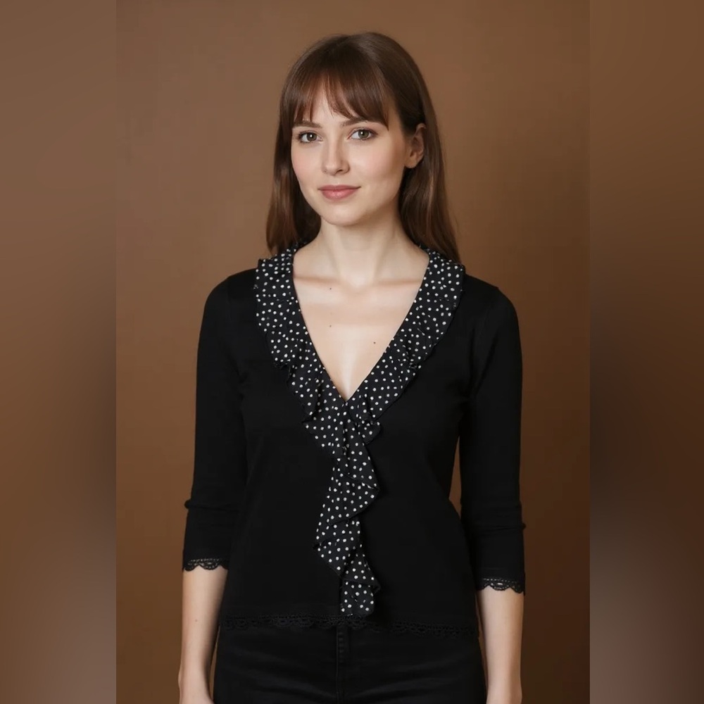 Nygard Collection Black Polka Dot Ruffle Edge Stretchy Cardigan Size M